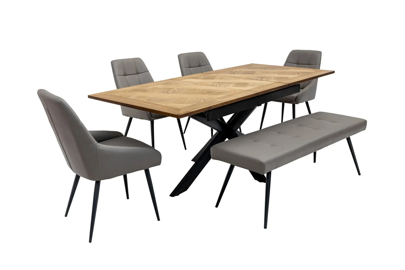 Modern dining set with wooden table, four grey chairs and matching bench with black legs