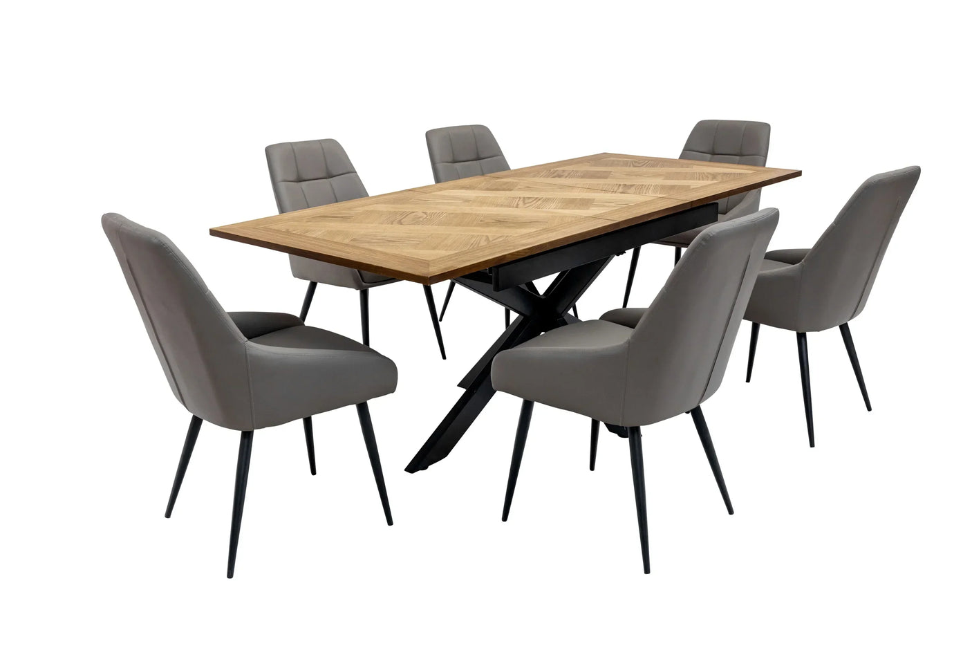Rectangular wooden dining table with six grey upholstered chairs and black metal legs