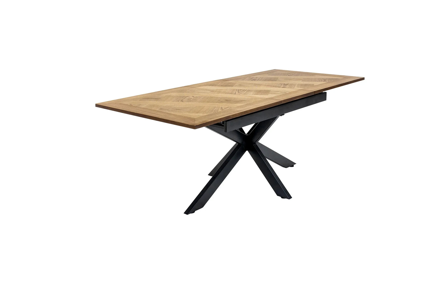 Wood dining table with black metal star base and geometric patterned top