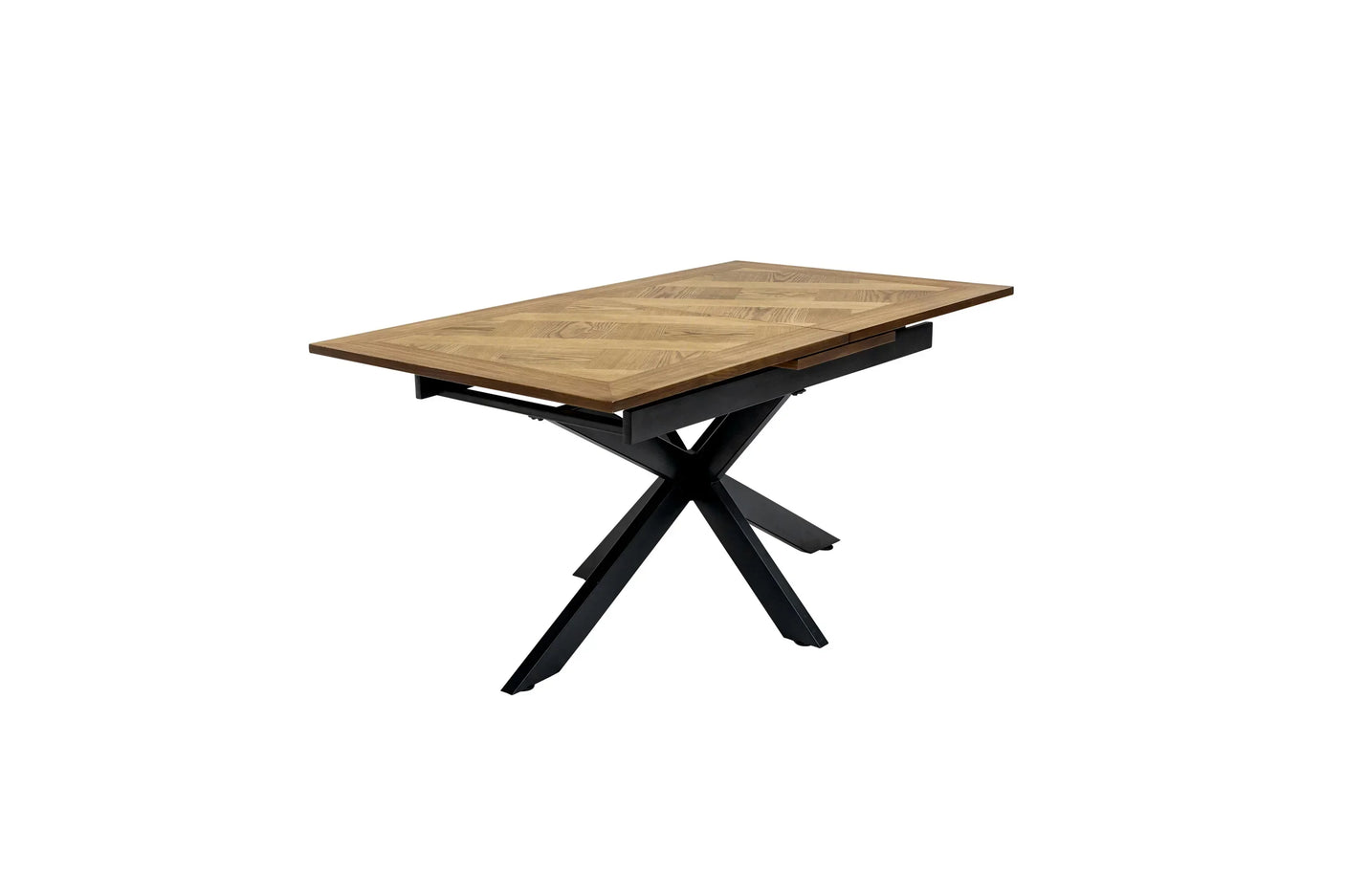 Rectangular wooden dining table with metal X-frame legs and chevron pattern top