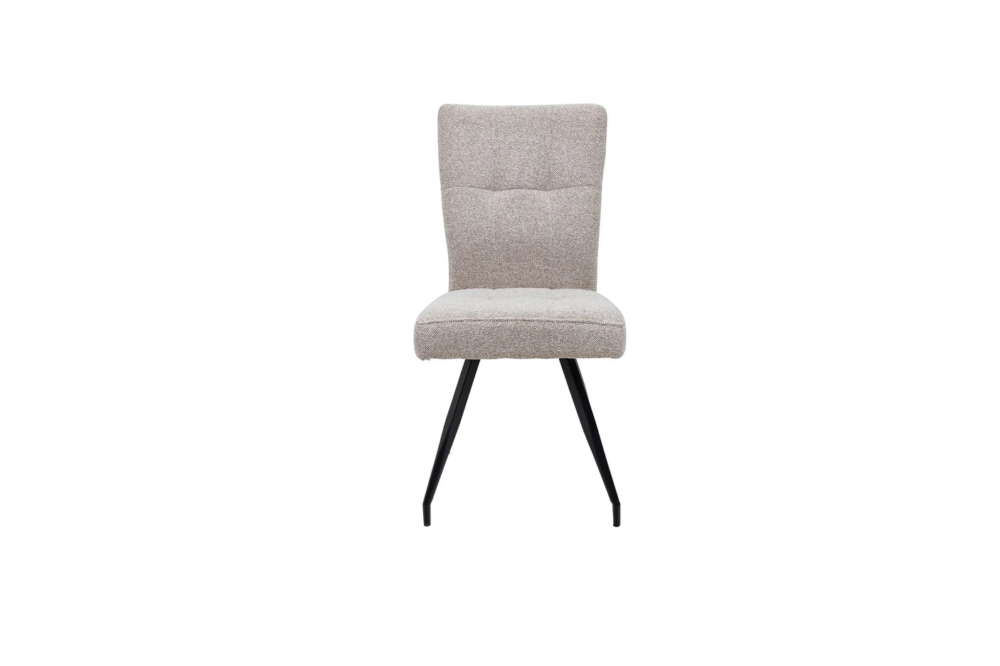 Beige fabric dining chair with black metal legs, front view