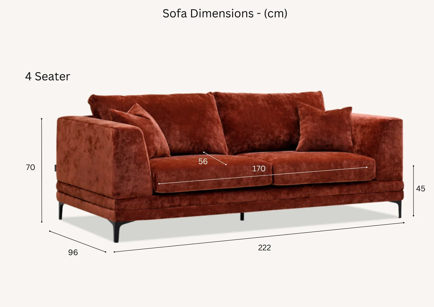 Rust velvet 4 seater sofa with black legs and dimension measurements in centimeters