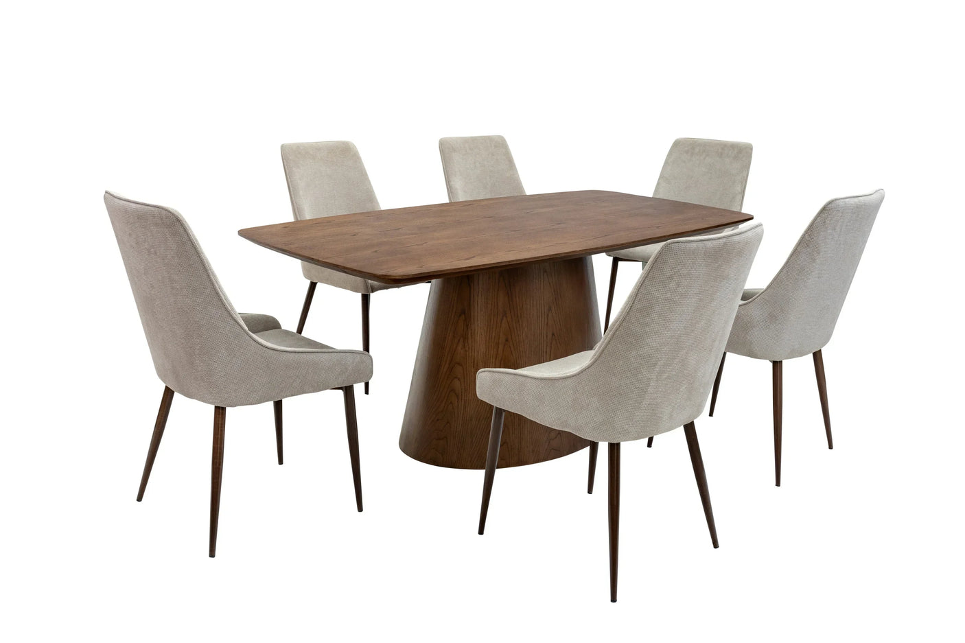 Wood dining table with six light grey upholstered chairs, modern dining furniture set