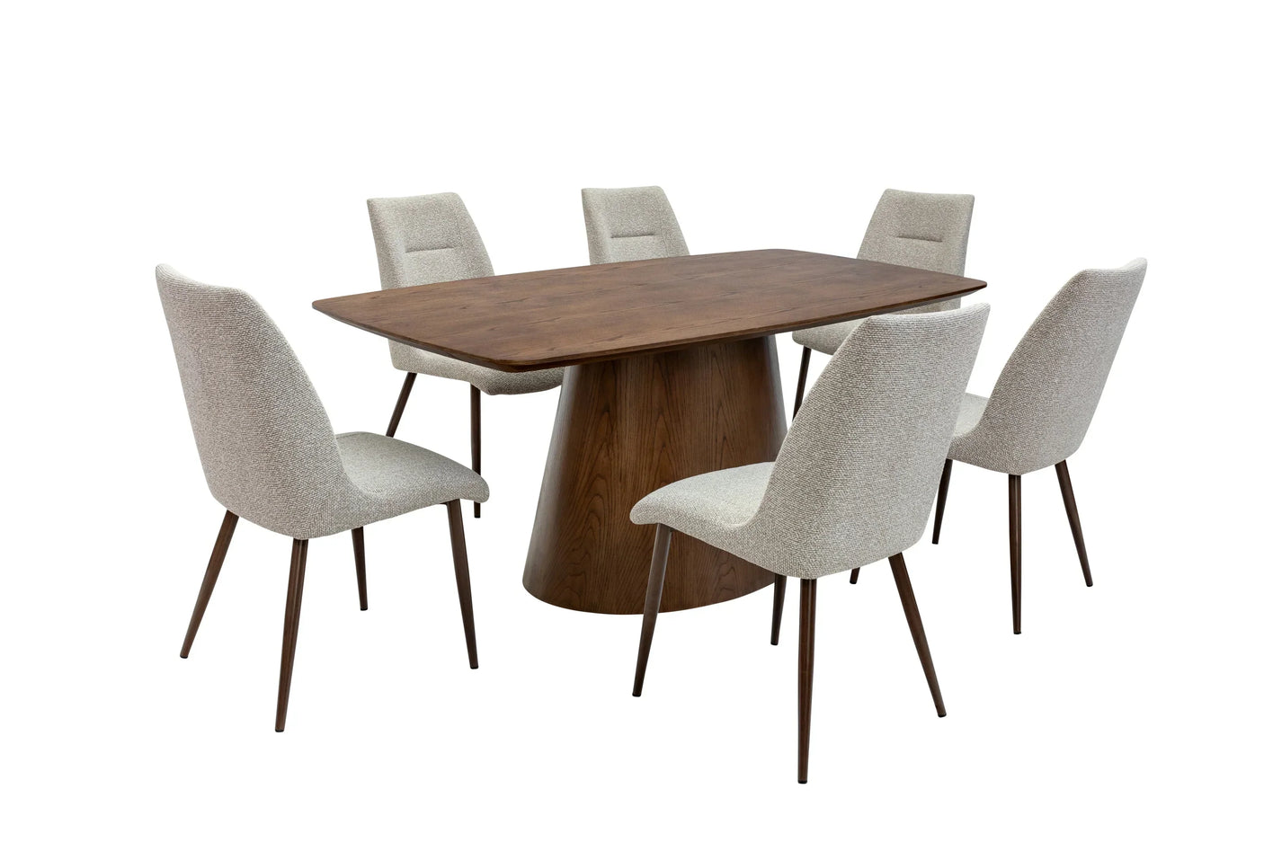 Rectangular wooden dining table with pedestal base and six beige upholstered chairs