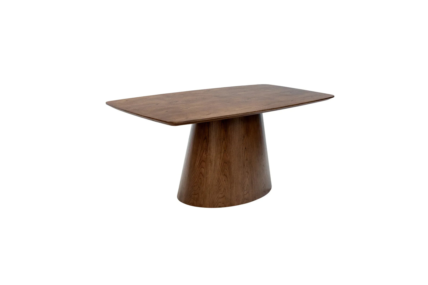 Rectangular wooden dining table with a cone pedestal base on white background