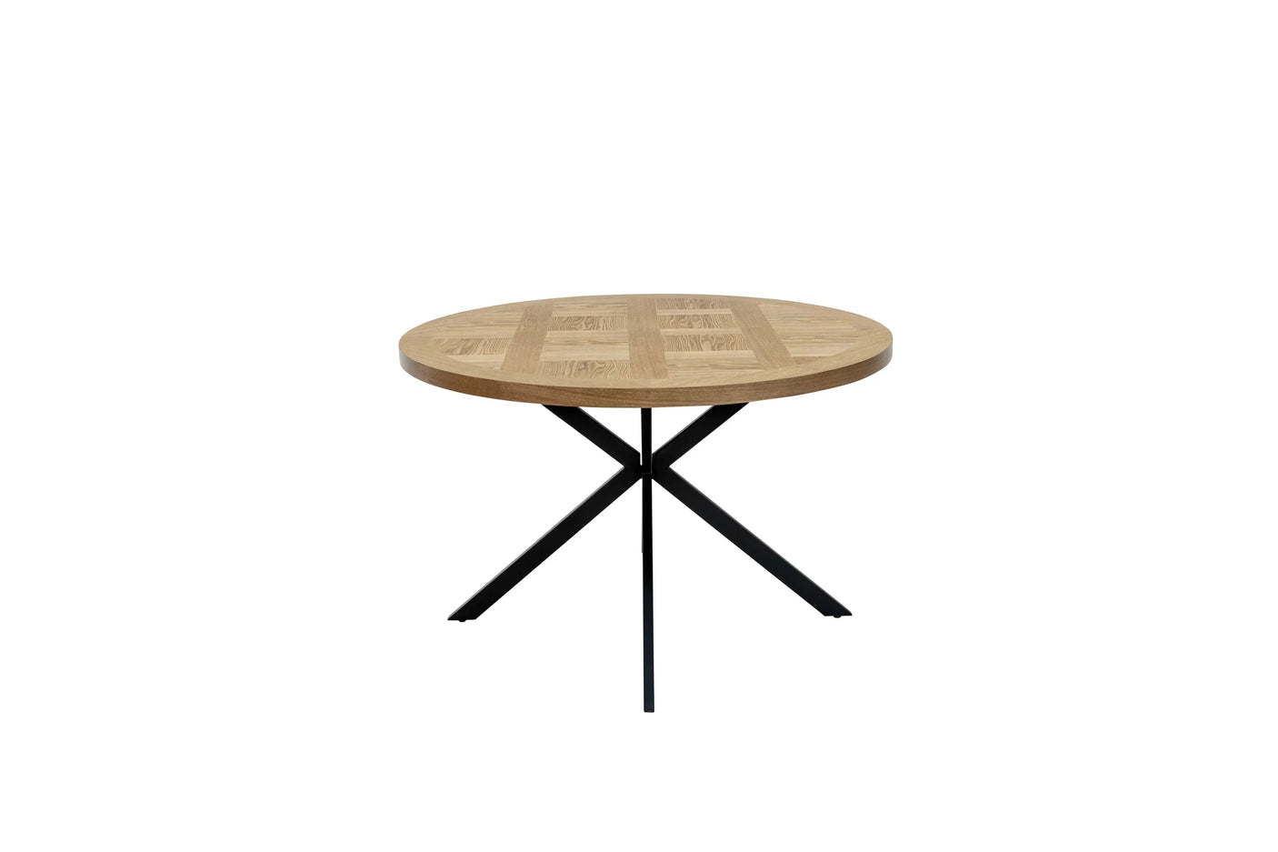 Round wooden dining table with black crossed metal legs and patterned tabletop