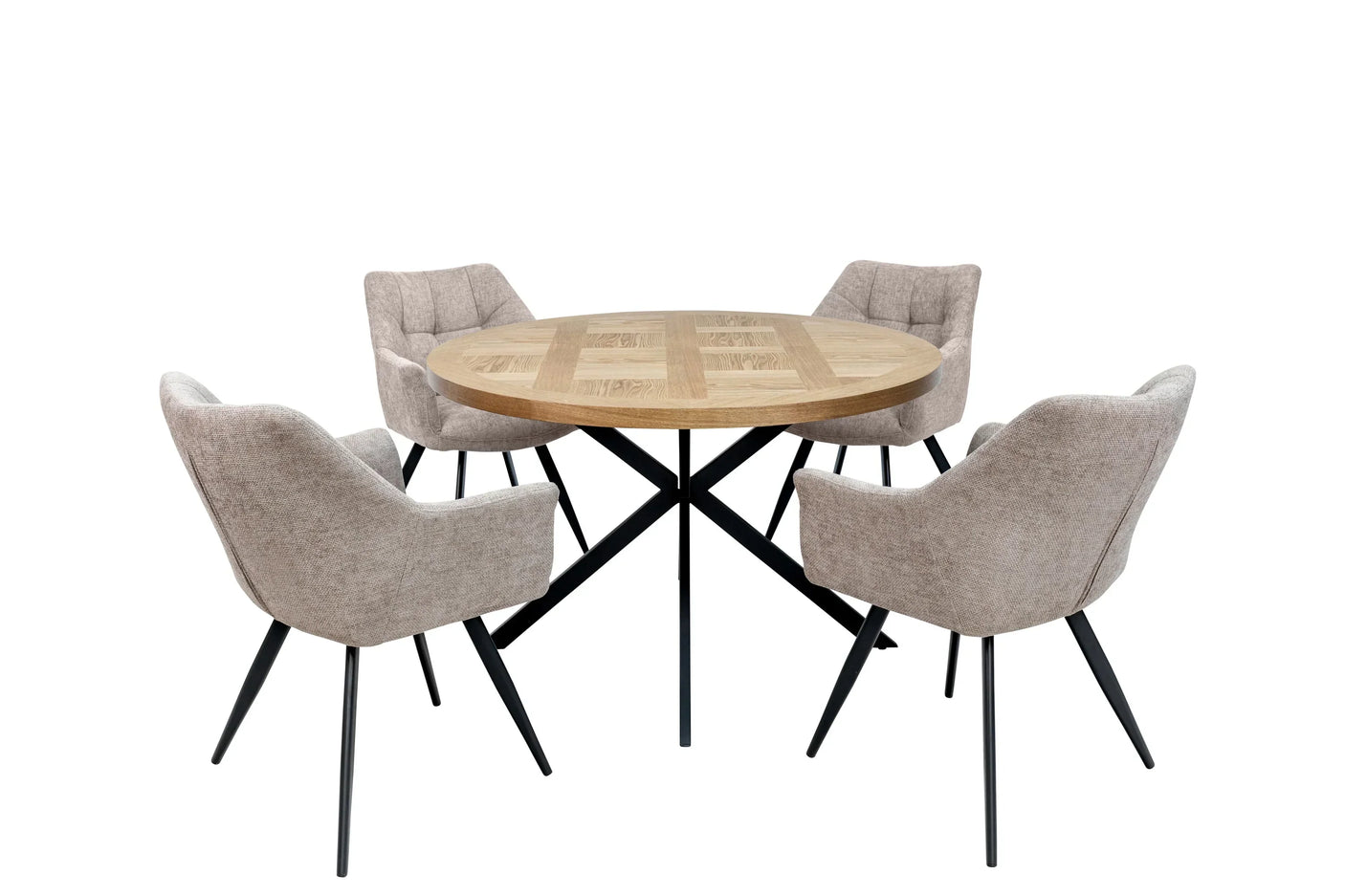 Round oak dining table with metal legs and four beige upholstered chairs