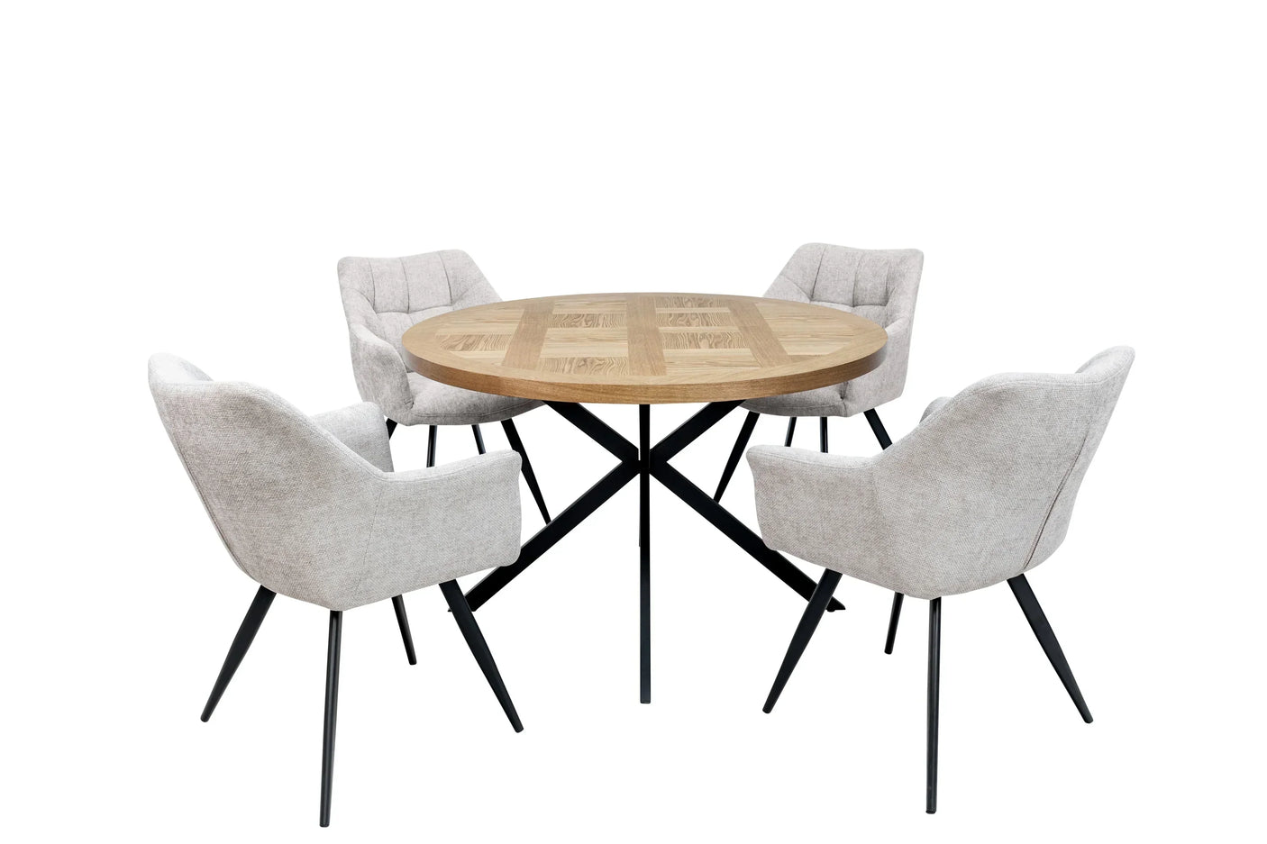 Round oak dining table with metal legs and four grey fabric chairs set