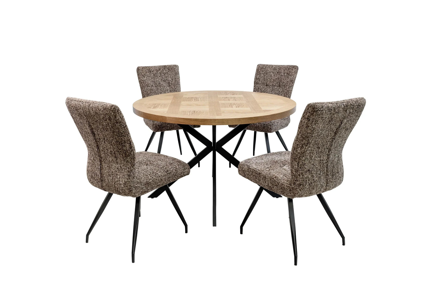 Round wooden dining table with four upholstered brown chairs and black metal legs