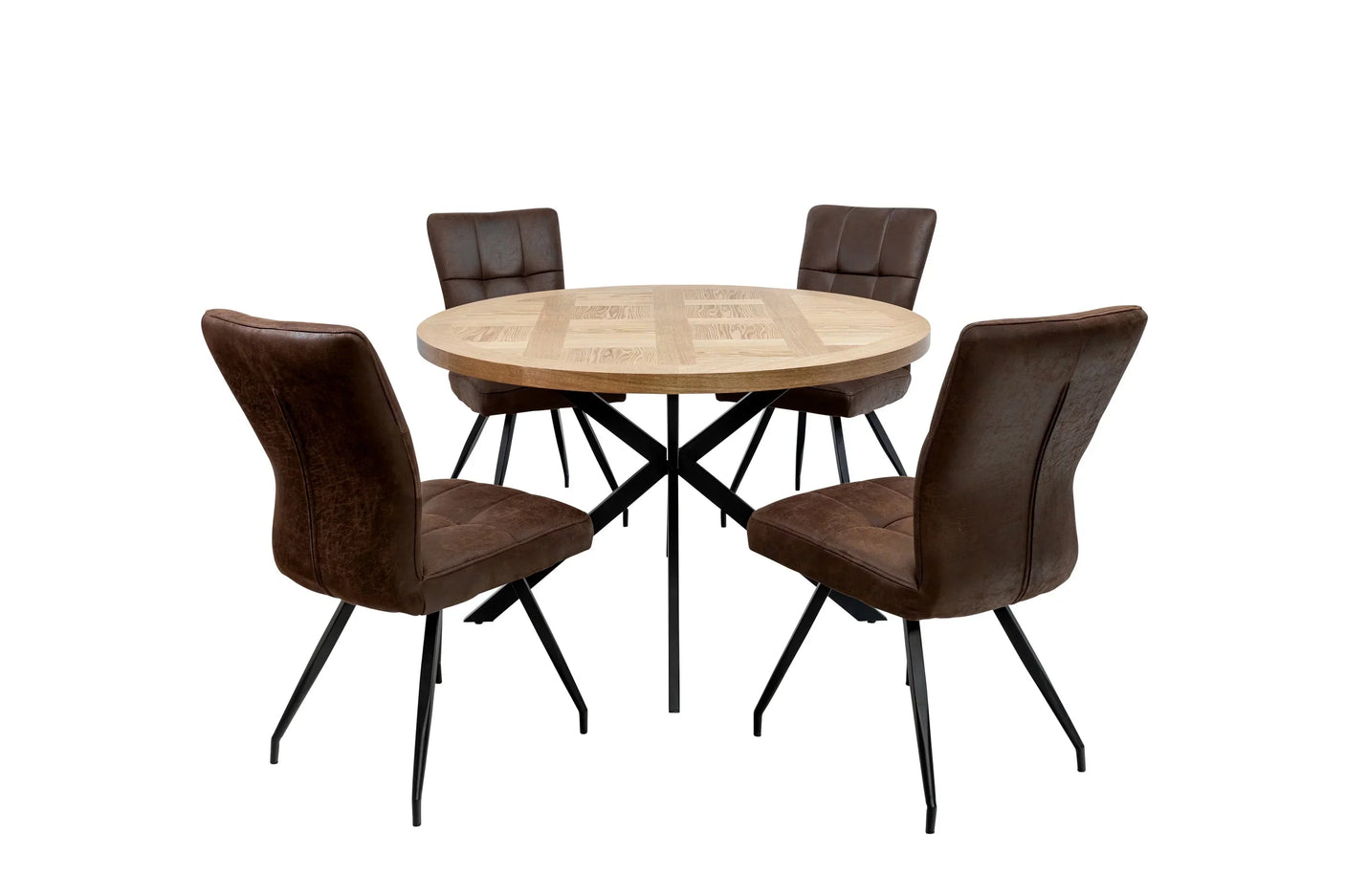 Round wood dining table with black metal legs and four brown upholstered dining chairs