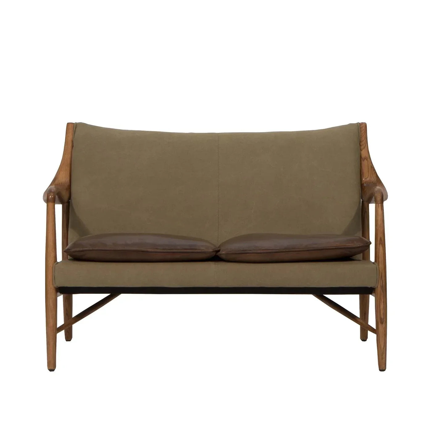 Two-seater wooden frame sofa with olive green upholstery and brown leather seat cushions
