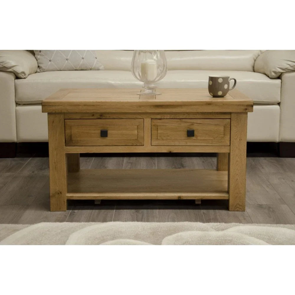 Buy solid oak coffee table with drawers online, modern living room furniture, wooden center table