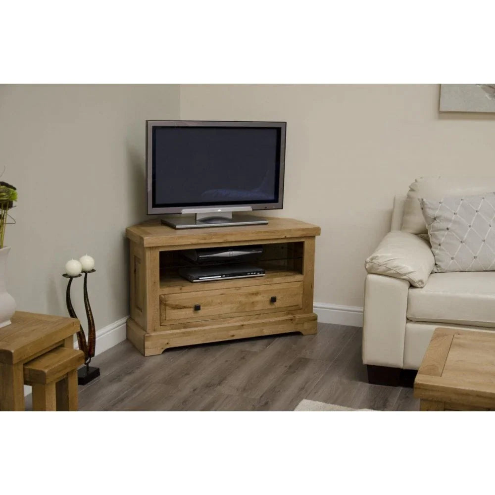 Buy oak TV stand online, wooden corner unit for living room media storage, modern furniture