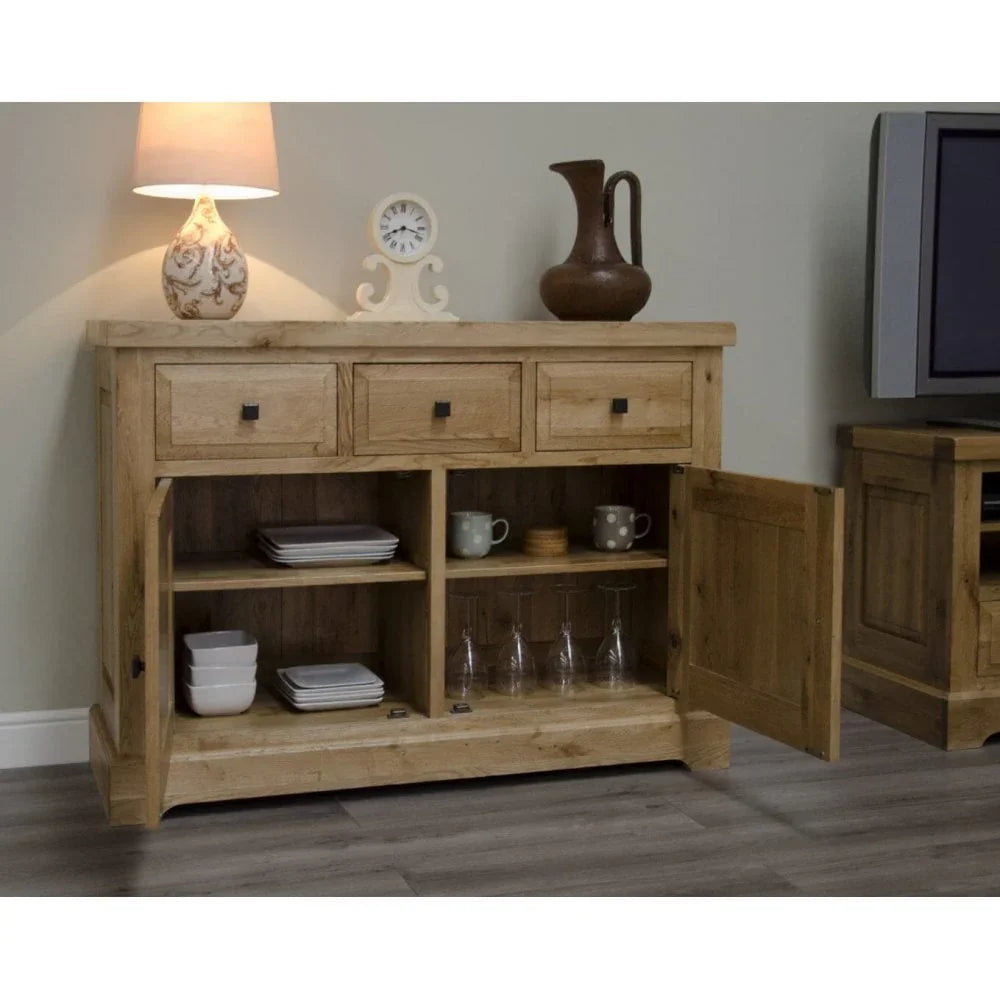 Buy solid oak sideboard online, wooden storage cabinet with drawers and shelves for dining room