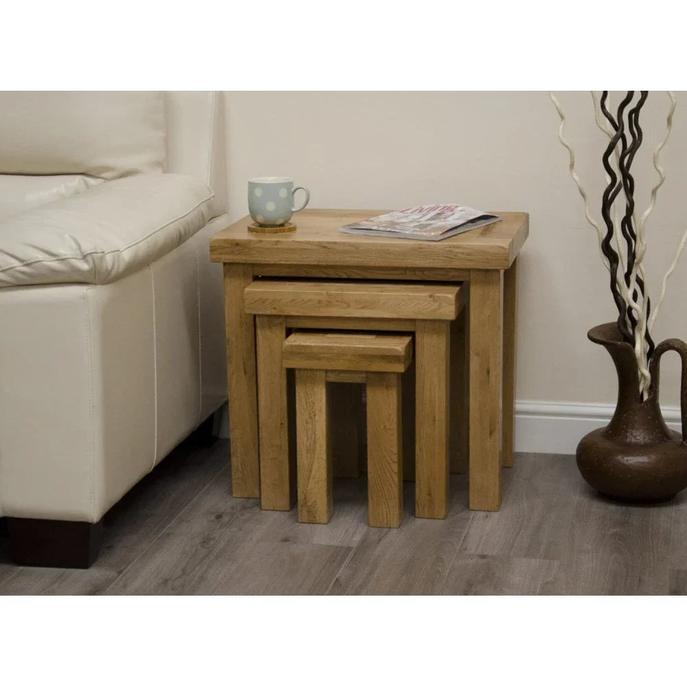 Buy solid oak nesting tables set online, wooden living room furniture, space-saving side tables