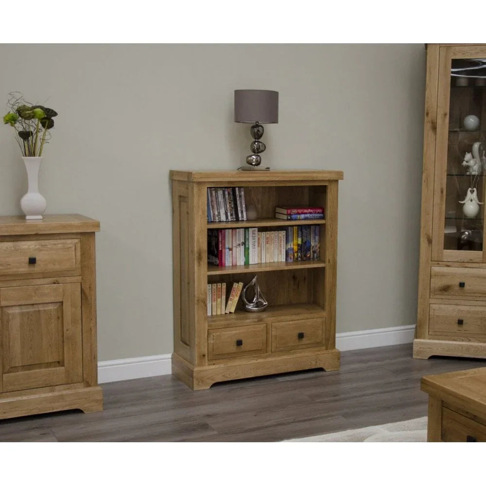 Buy oak bookcase with drawers online, rustic wooden bookshelf for living room decor