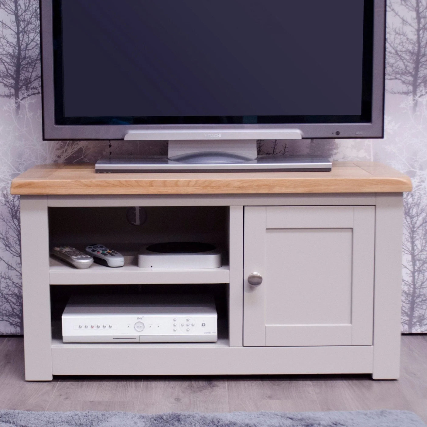 Buy grey TV stand cabinet with oak top, storage shelves online, living room furniture