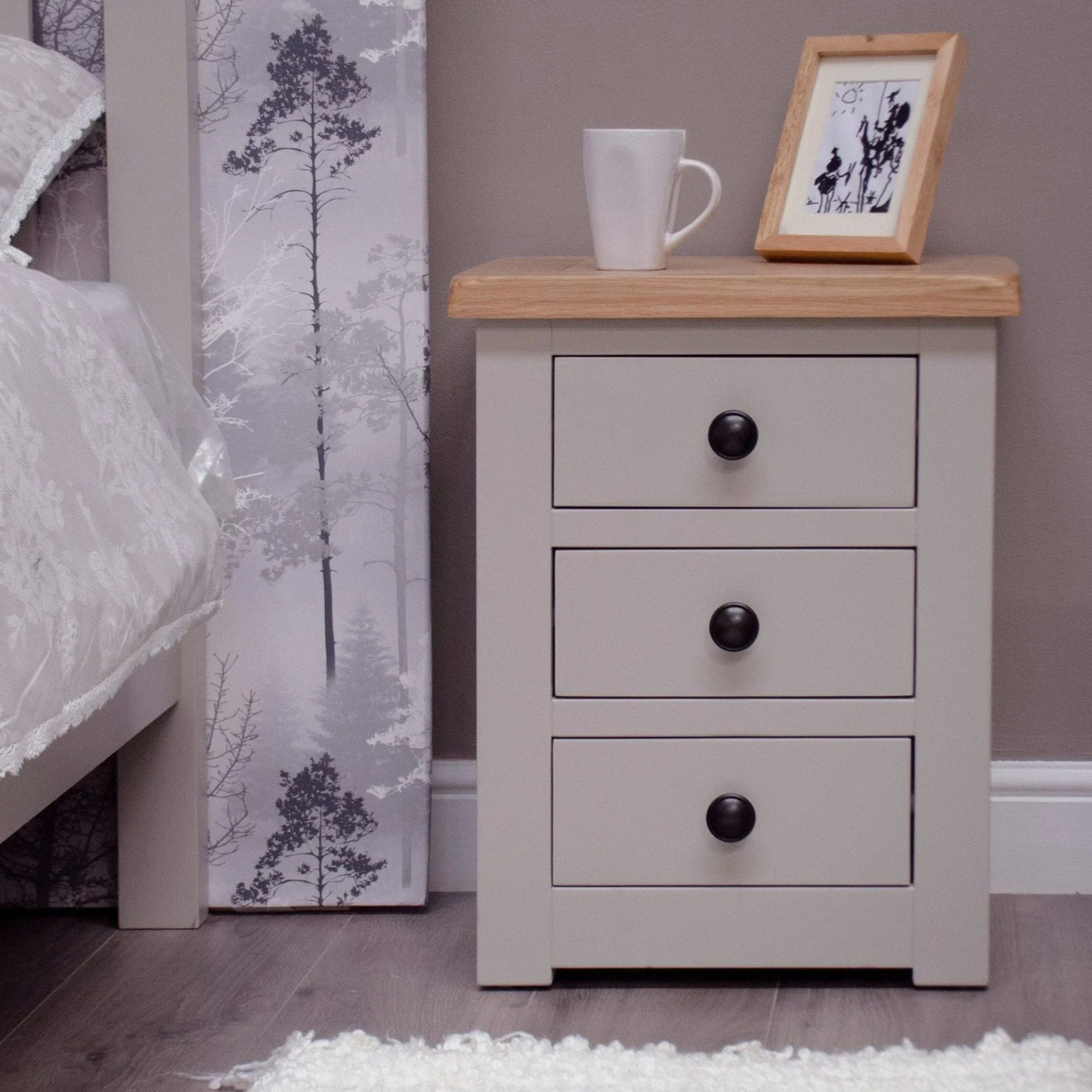 Buy grey bedside table online, wooden nightstand with drawers, modern bedroom furniture