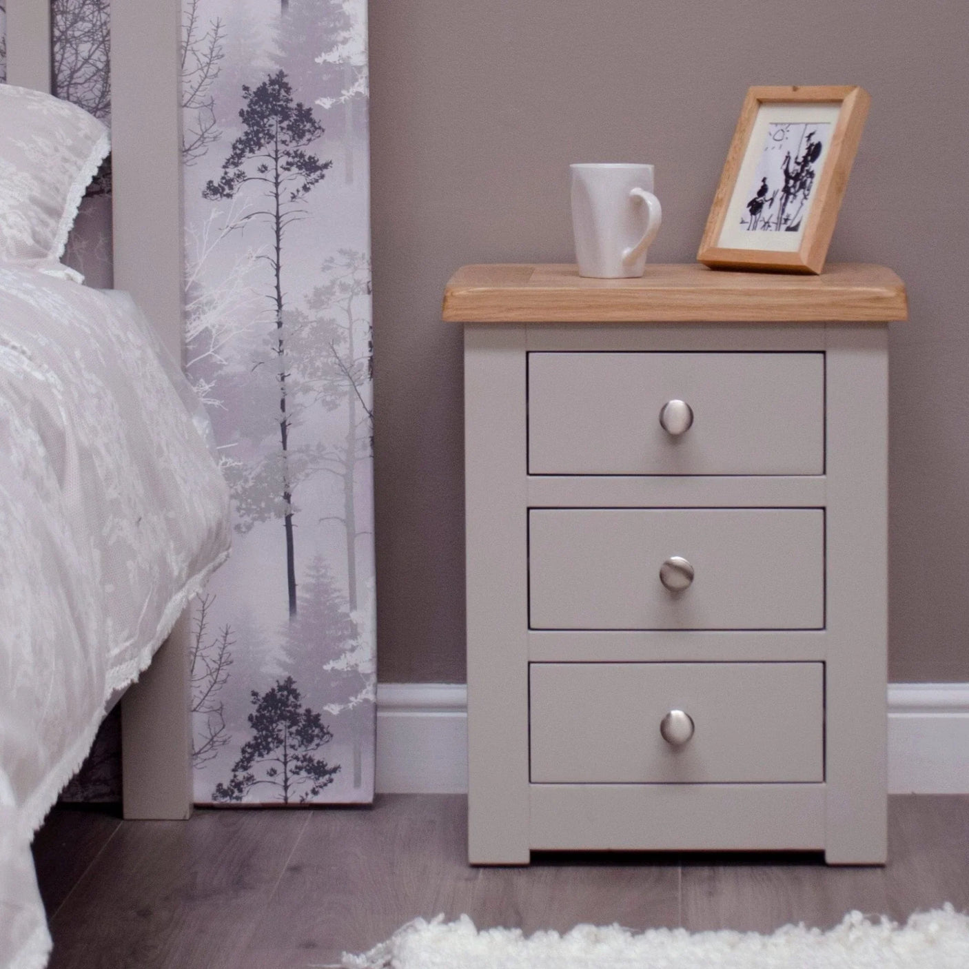 Buy grey bedside table with drawers online, modern nightstand, wooden bedroom furniture