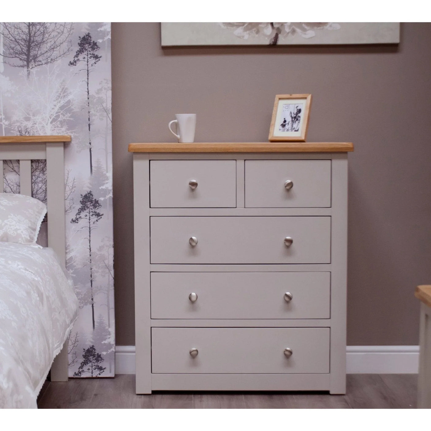 Buy grey chest of drawers online, modern bedroom furniture with wood top, storage cabinet