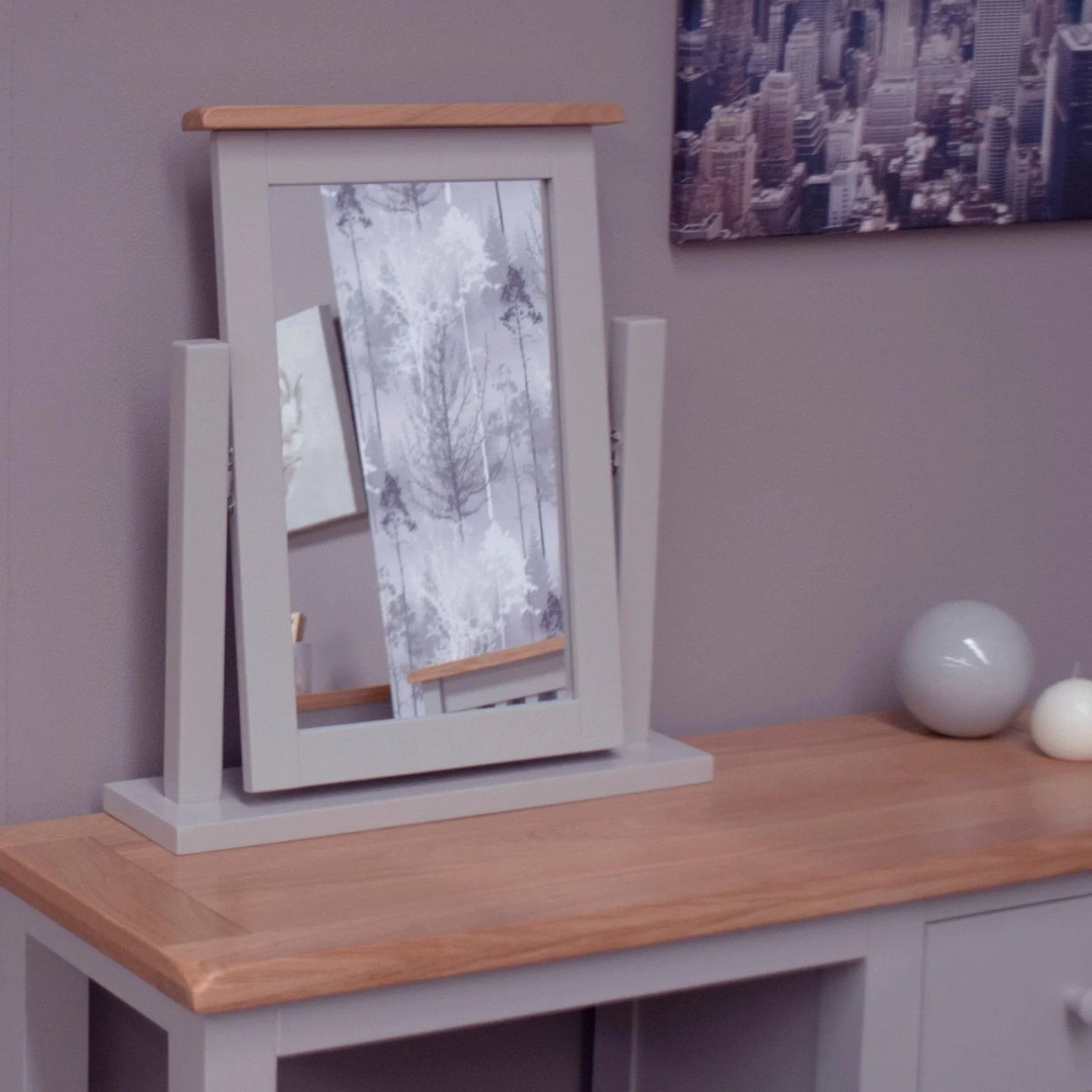 Buy grey dressing table mirror online, wooden vanity mirror, bedroom furniture decor