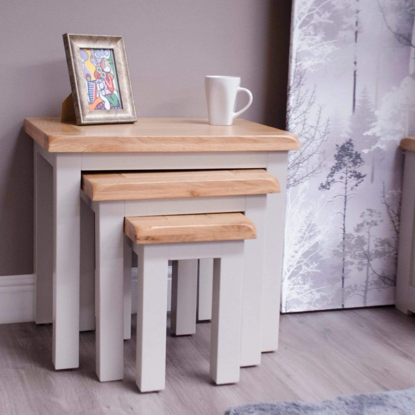 Buy oak nest of tables online, modern wooden side tables for living room, nesting furniture set