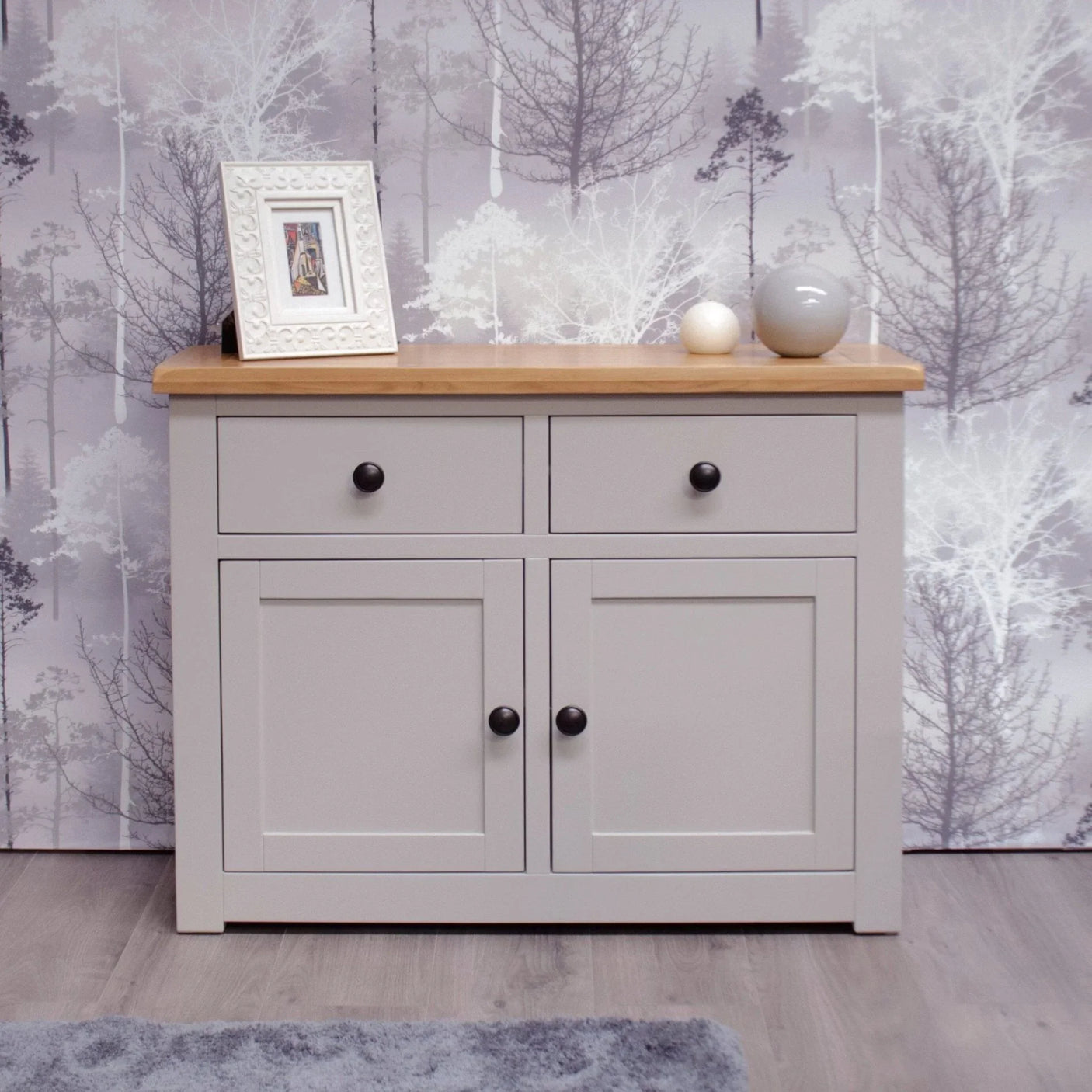Buy sideboard cabinet online, grey cupboard with wood top, modern storage furniture for sale