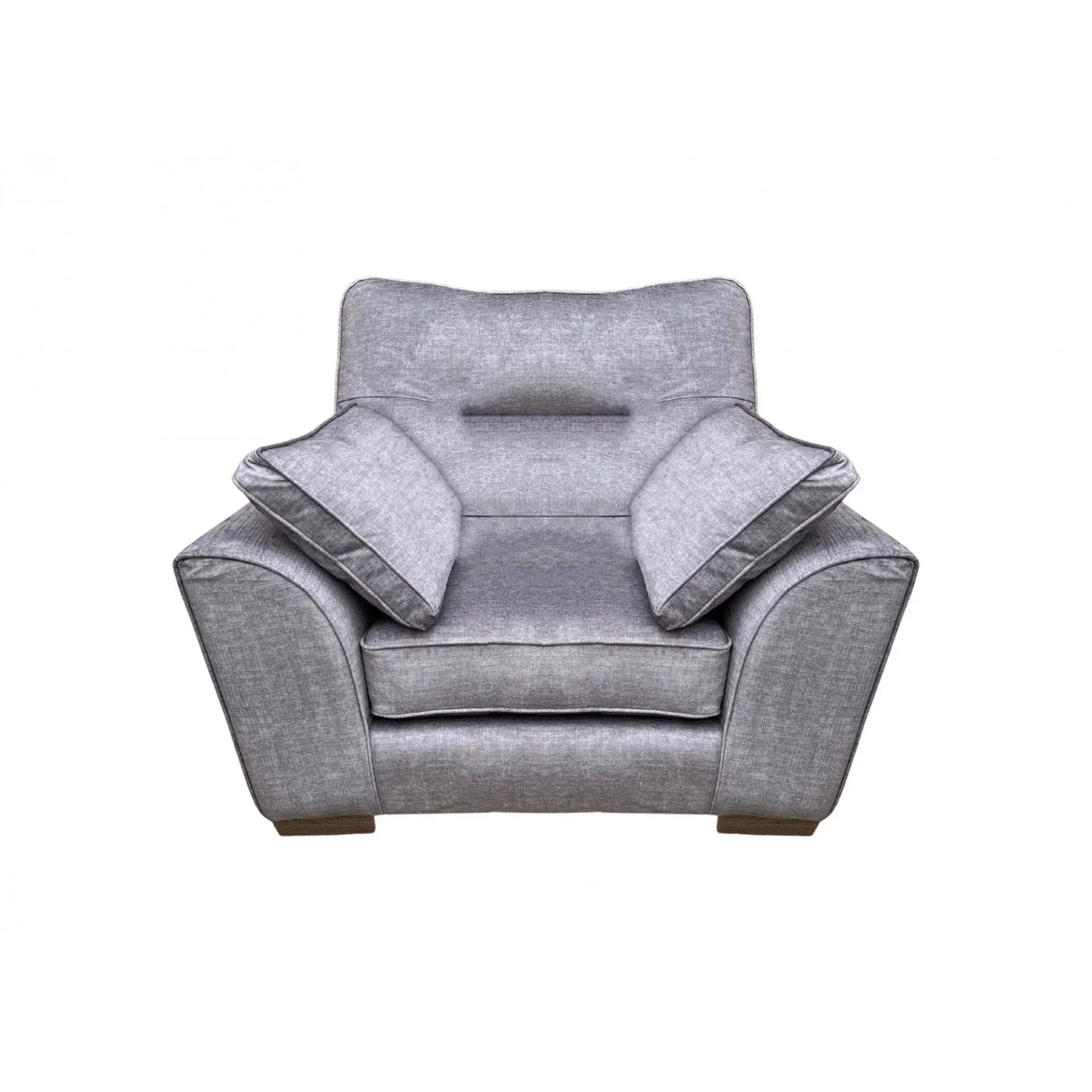 Grey fabric armchair with wide padded arms and matching scatter cushions, front view