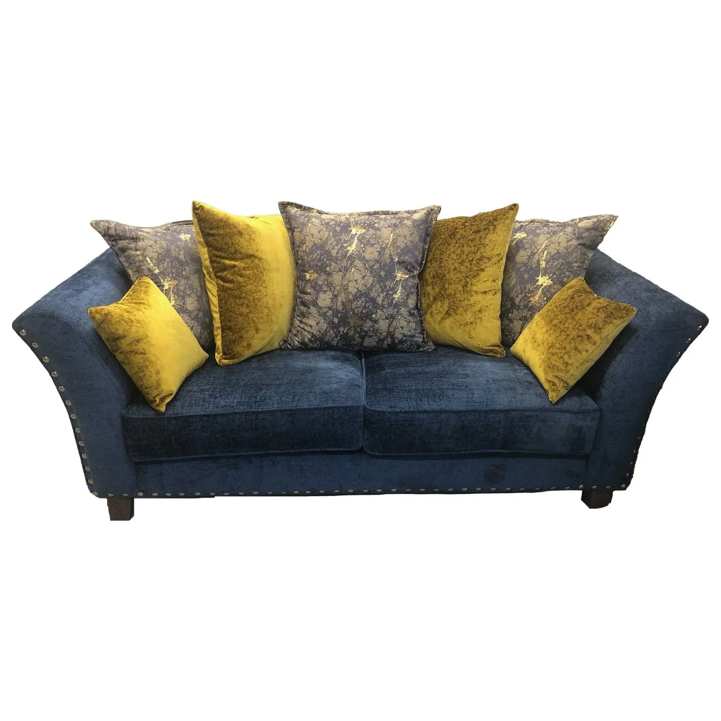 Blue fabric sofa with studded arms and mixed yellow and patterned scatter cushions