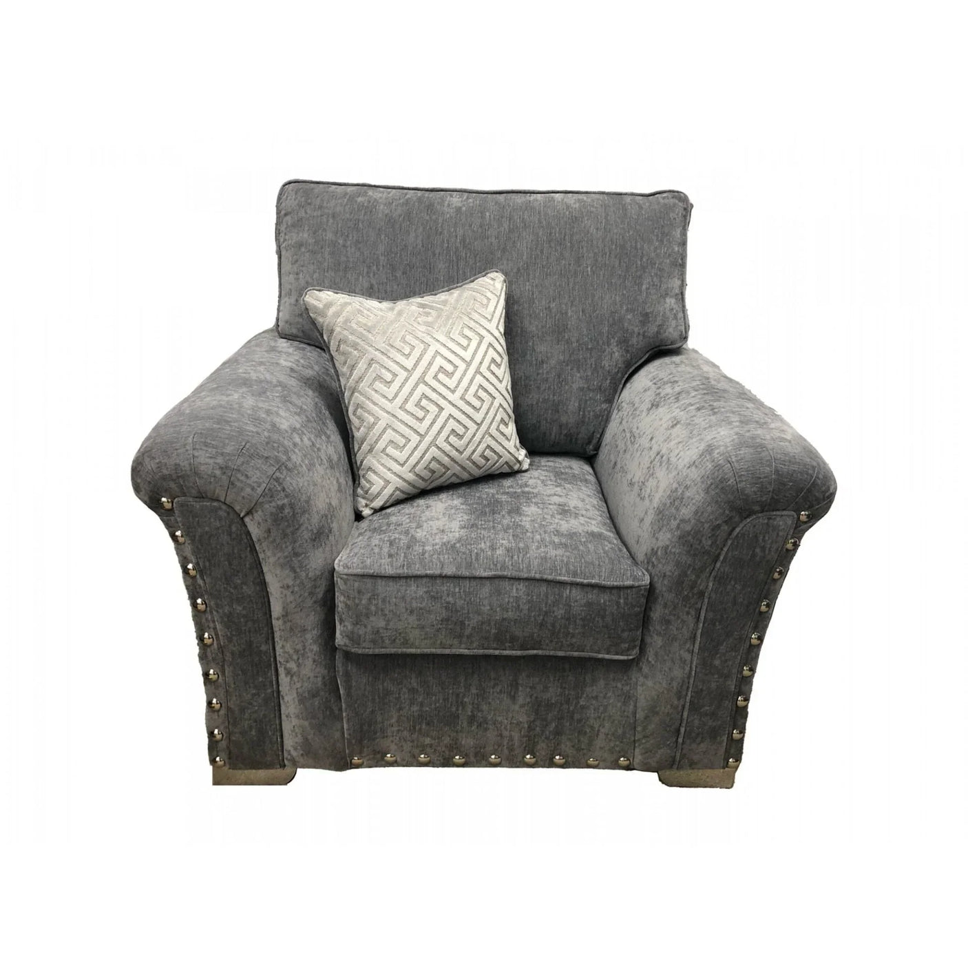 Grey fabric armchair with studded arms and patterned cream cushion