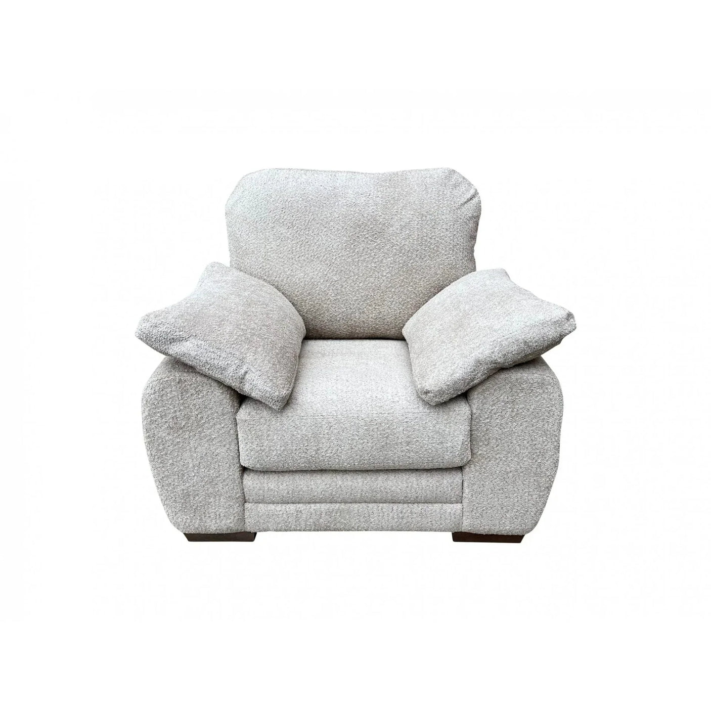 Light grey fabric armchair with pillow armrests and plush cushioning, front view