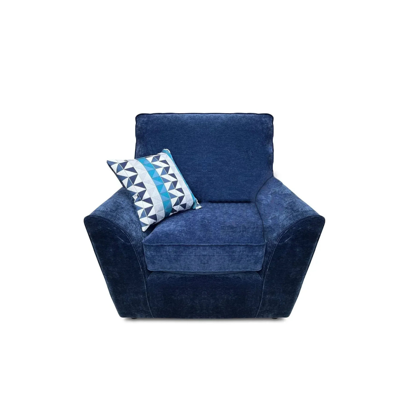 Blue fabric armchair with geometric accent cushion, front view