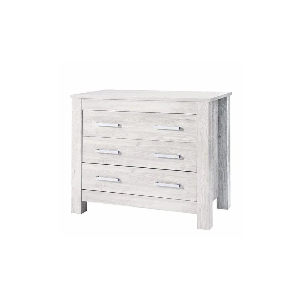 Light oak chest of drawers with three chrome handles, front angle view