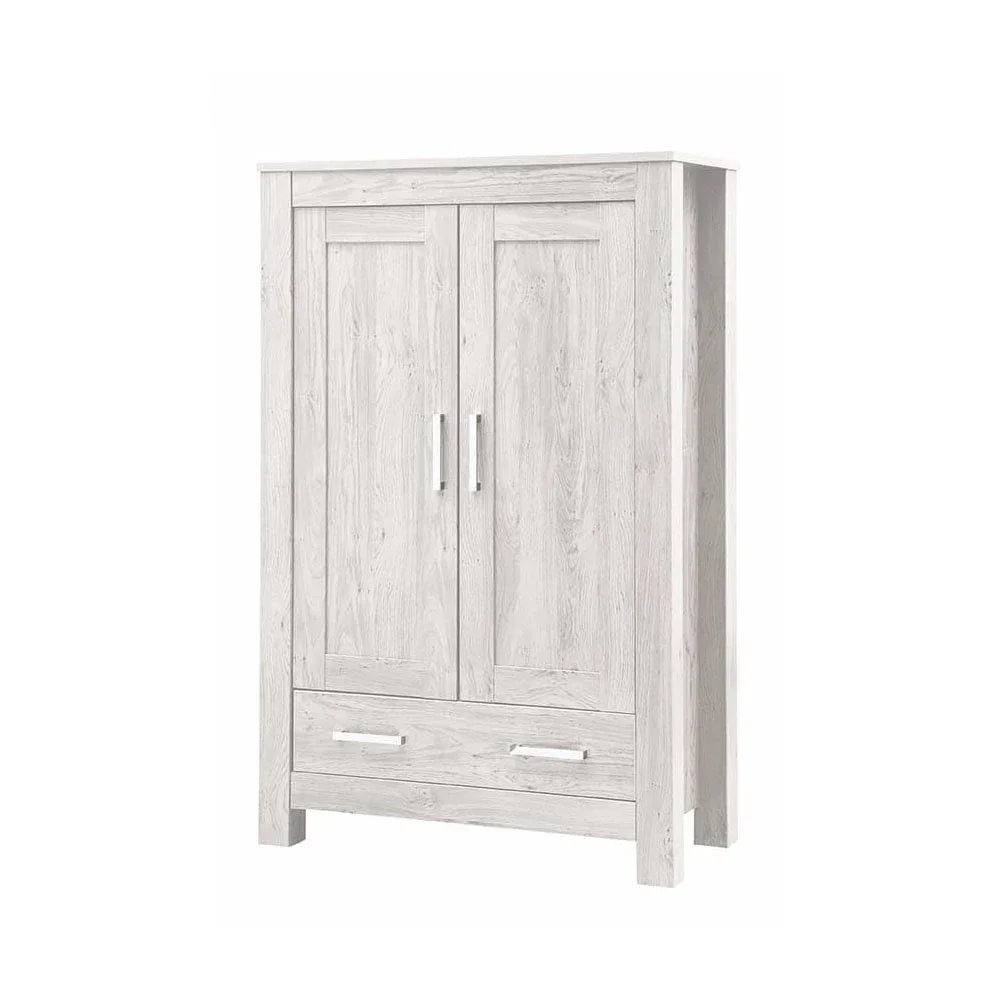White wood wardrobe with two doors and two bottom drawers, front angled view