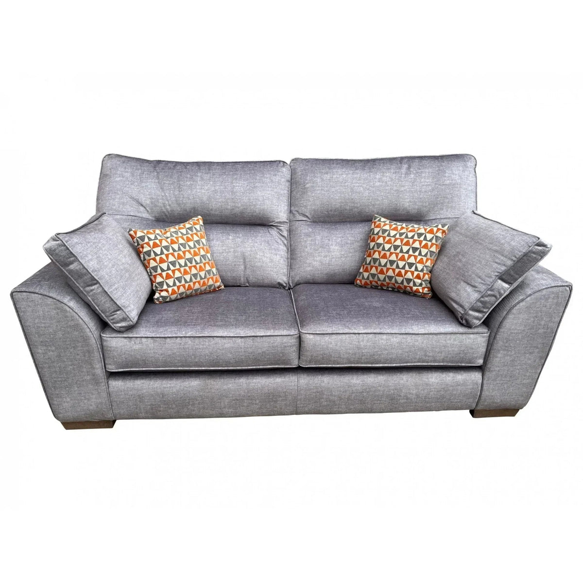 Grey fabric two-seat sofa with orange geometric pattern cushions, front view