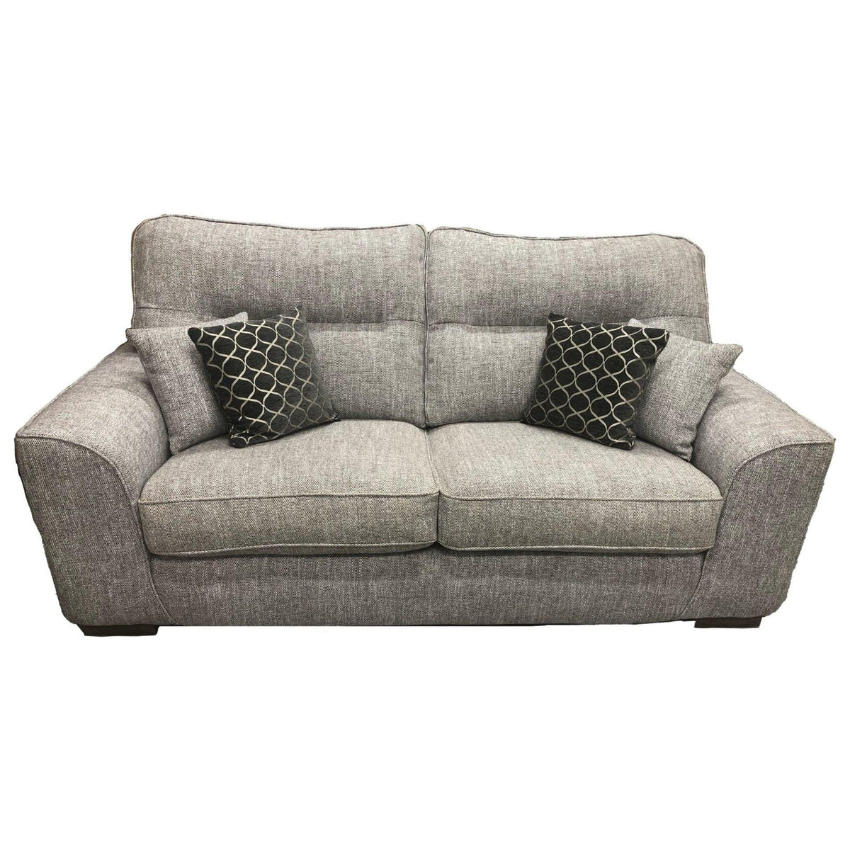 Grey woven fabric two-seater sofa with dark patterned scatter cushions, front view