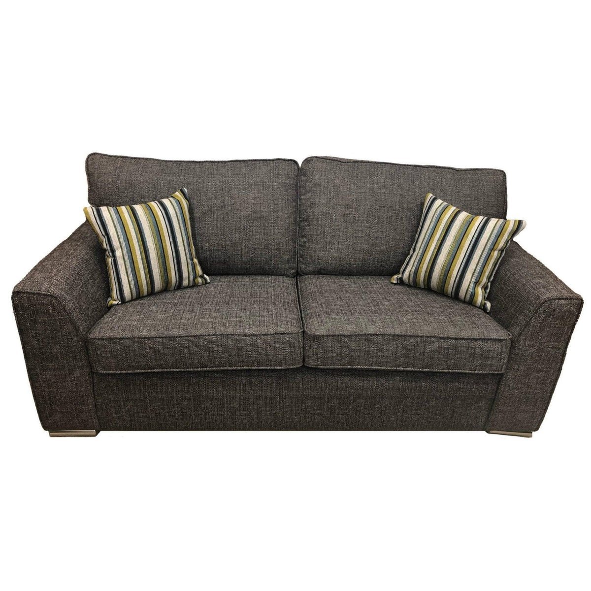 Charcoal grey fabric 2-seater sofa with striped scatter cushions, front view