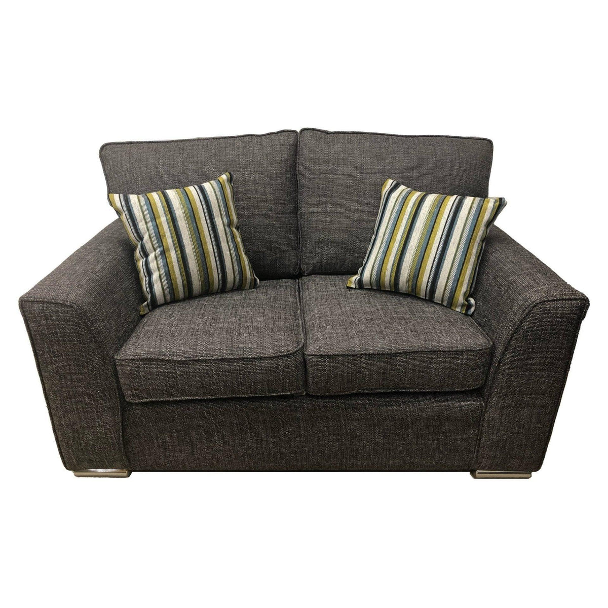 Charcoal grey fabric 2-seater sofa with striped scatter cushions, front view