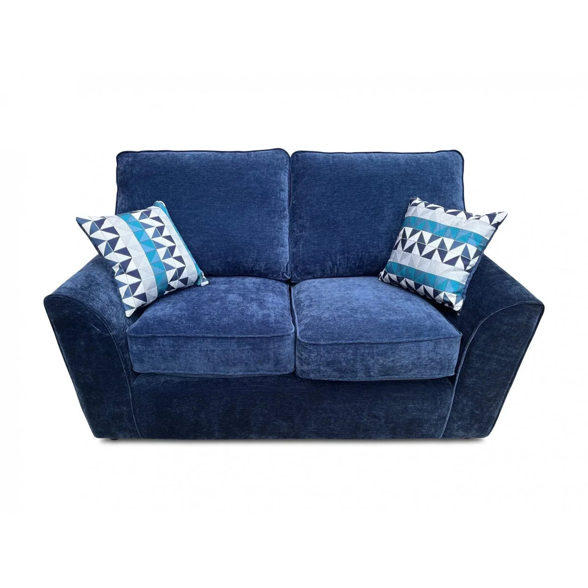 Navy blue fabric 2-seater sofa with patterned scatter cushions, front view