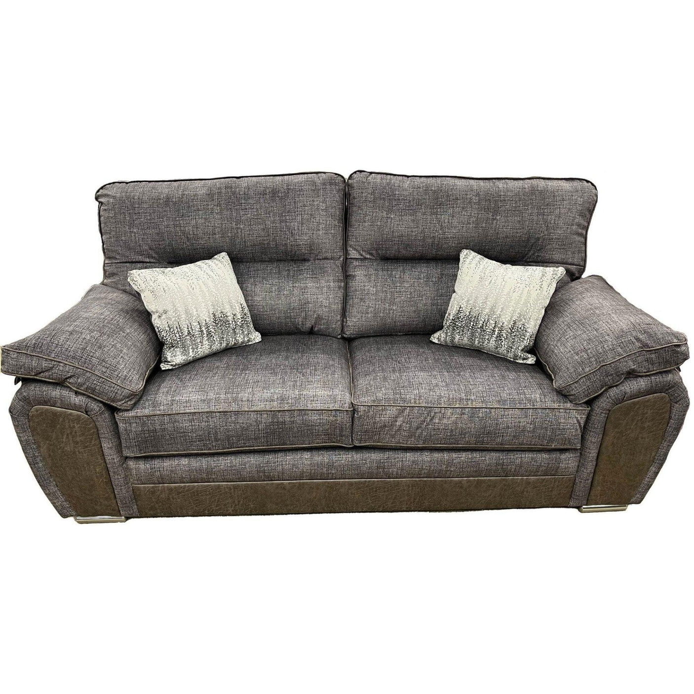 Grey fabric two seater sofa with padded arms and two patterned accent cushions