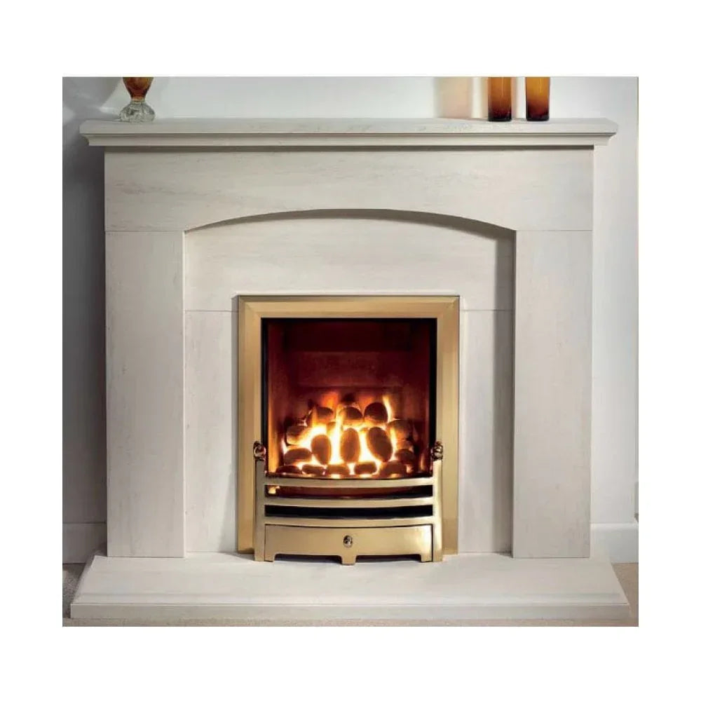 Modern fireplace with white surround and brass gas fire insert, flames visible