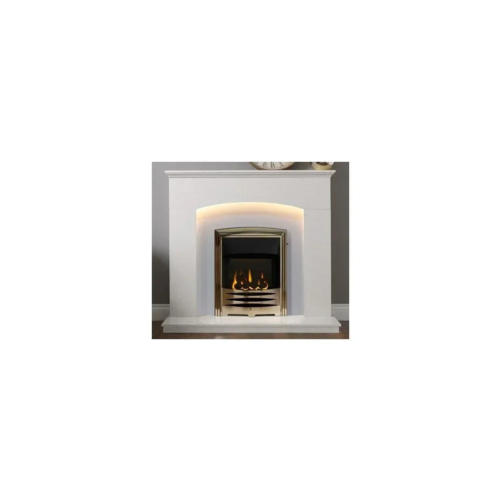 White fireplace surround with inset gas fire and LED lighting against grey wall