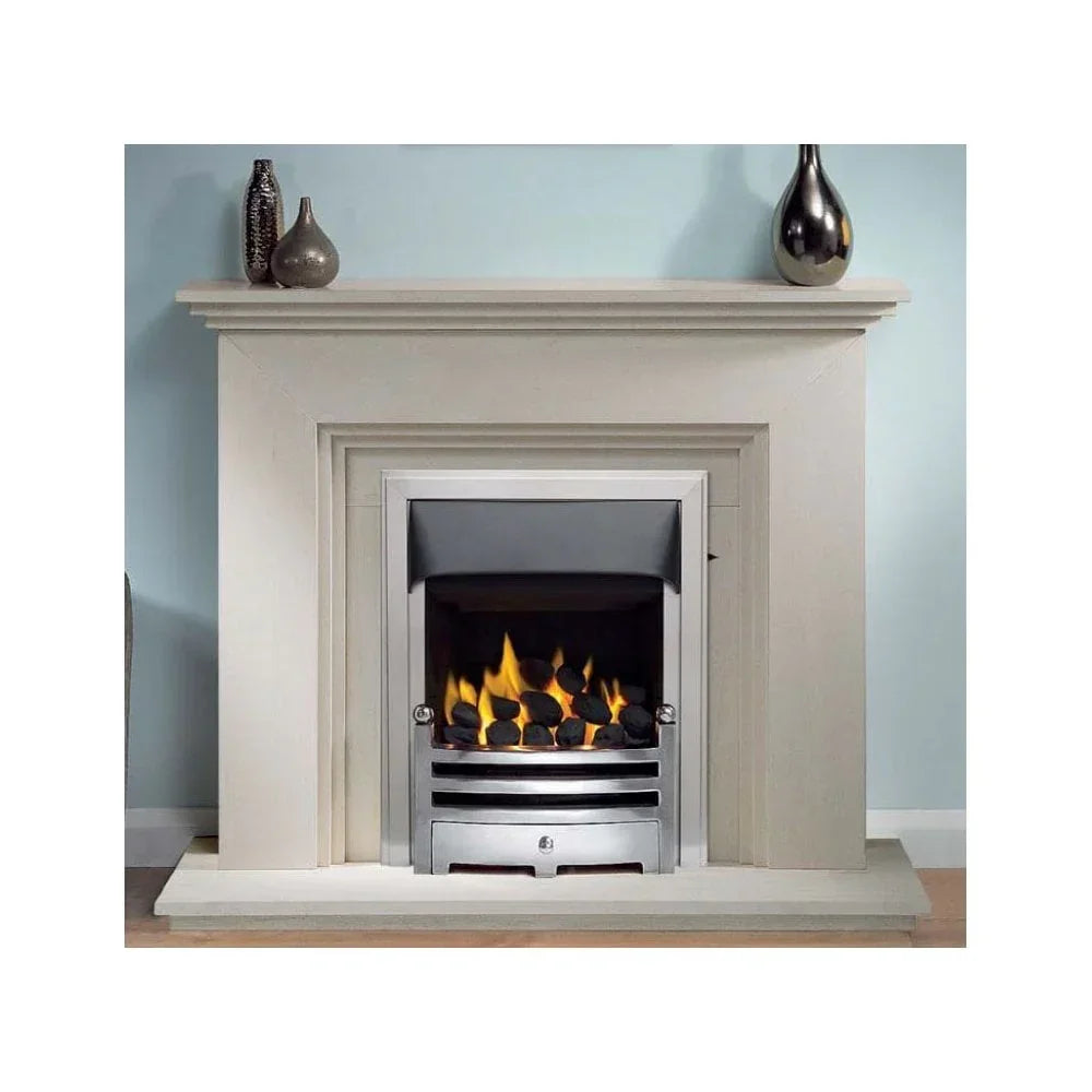 Modern gas fireplace with cream mantel and decorative vases on a light blue wall