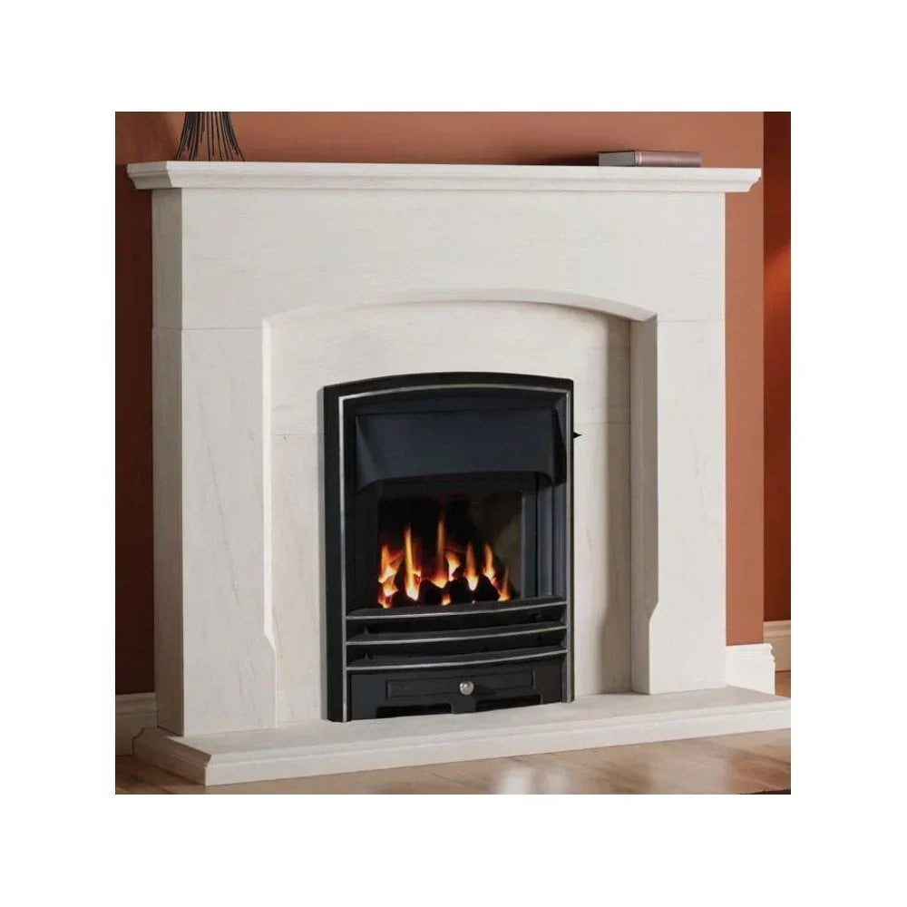 Modern fireplace suite with cream surround and black fire insert on wooden floor