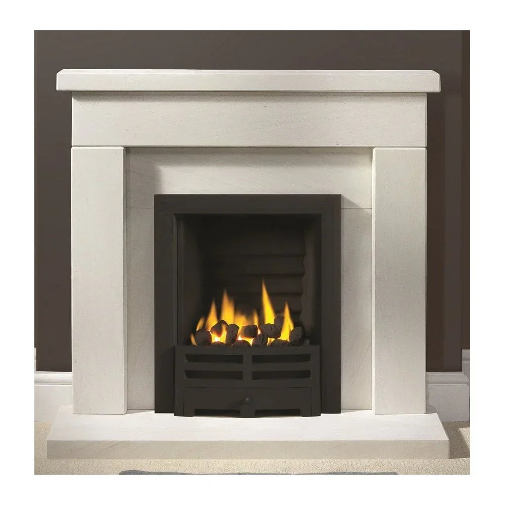 Modern electric fireplace with white surround and black inset, glowing log flame effect
