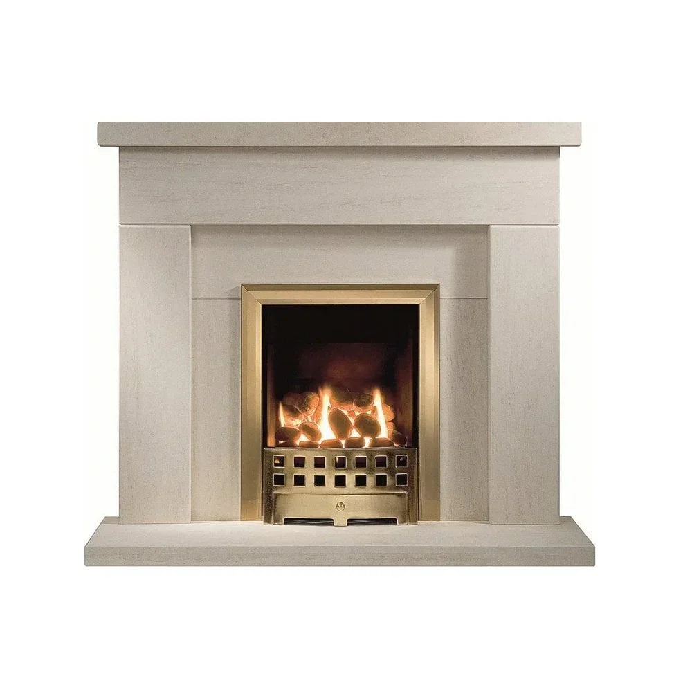 Modern stone fireplace with brass fire insert and realistic glowing fuel effect