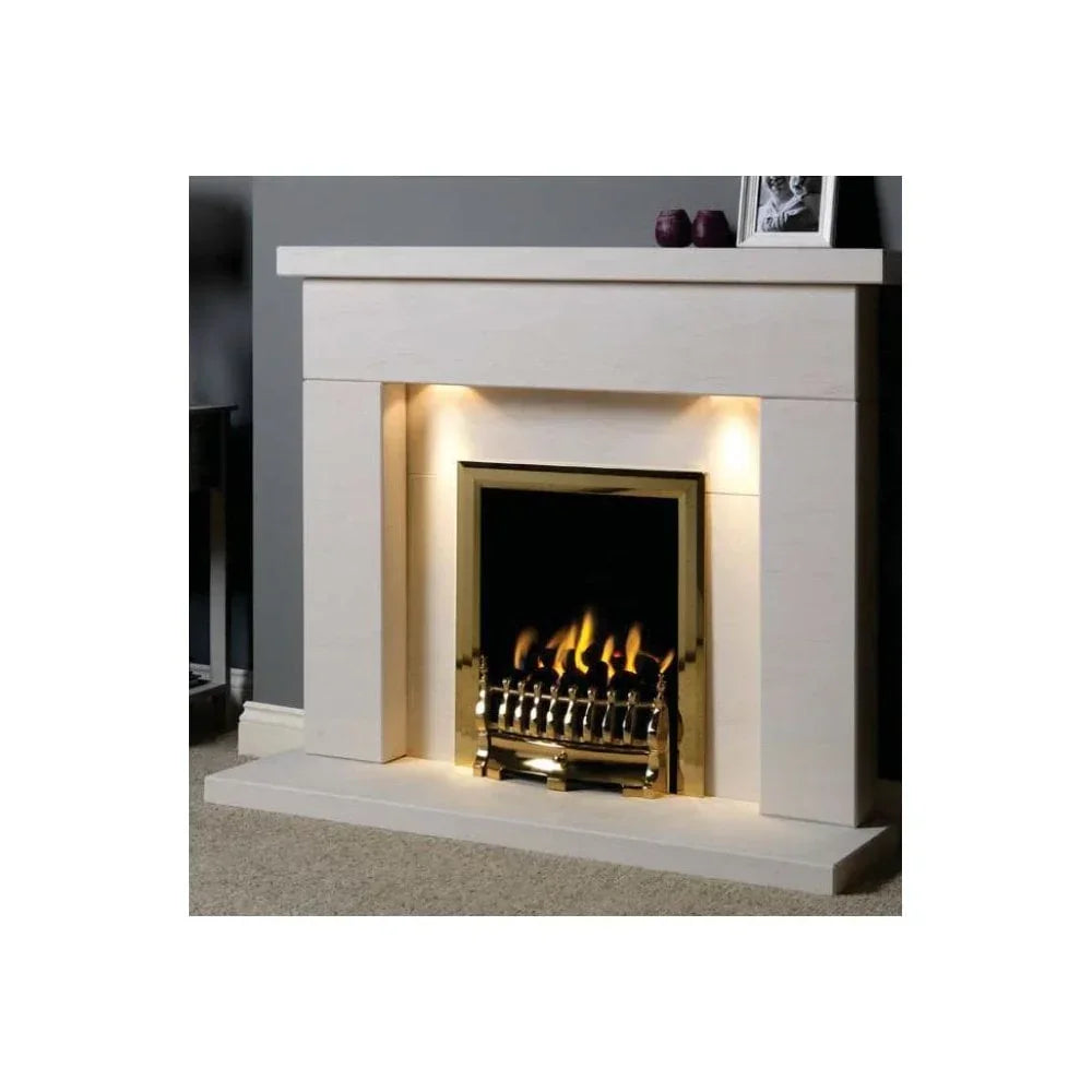 Modern cream fireplace suite with brass gas fire and integrated downlights in living room