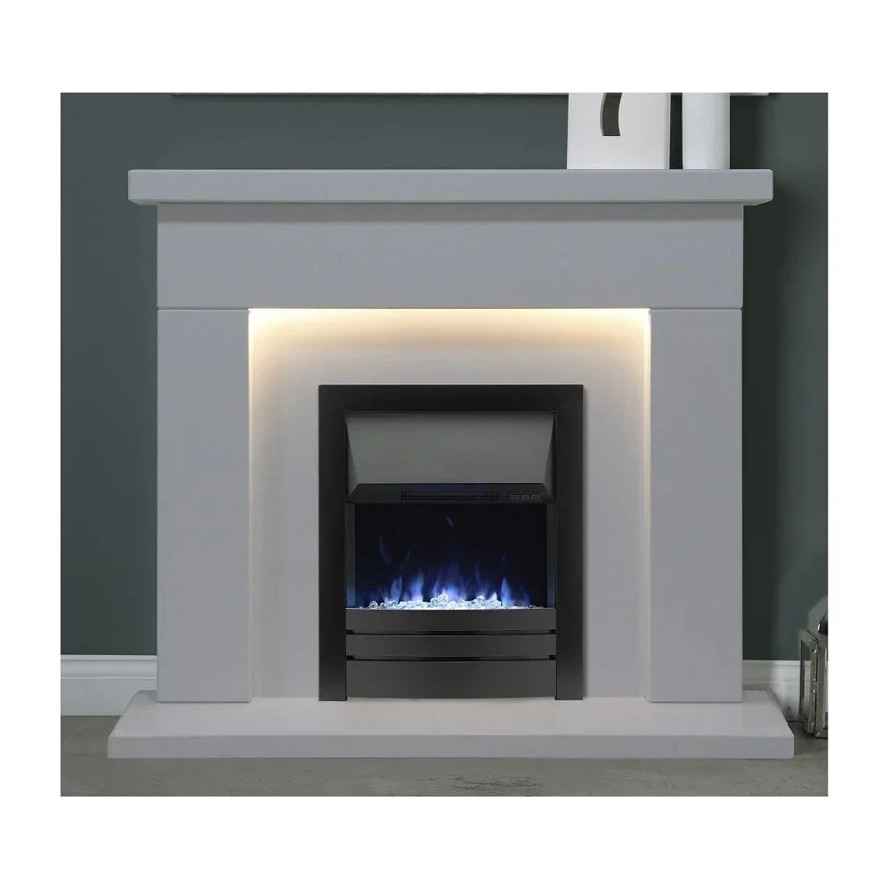 White electric fireplace suite with LED lighting and realistic flame effect