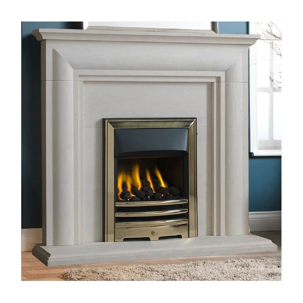 Modern marble fireplace with brass gas fire and coal effect in living room setting