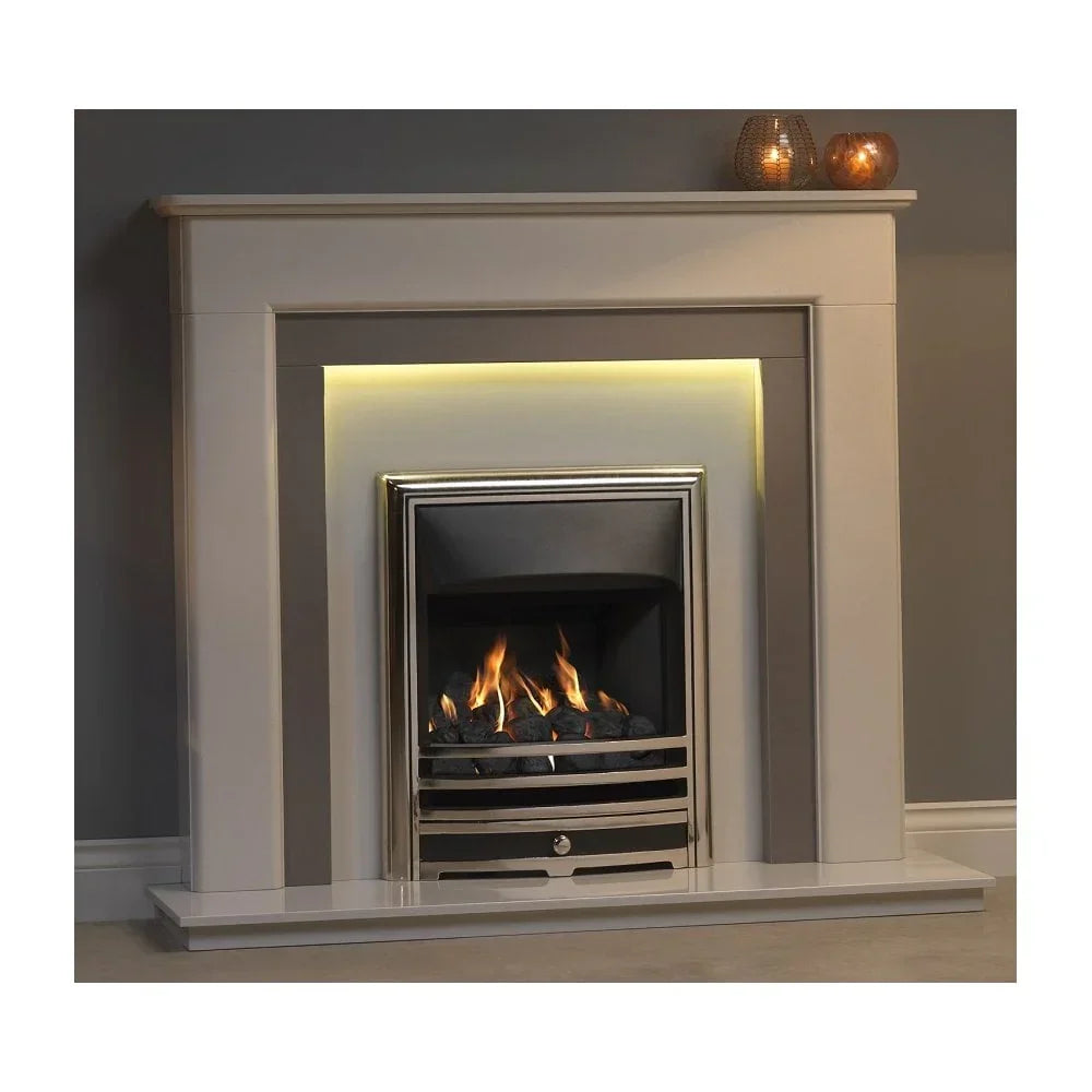 Modern electric fireplace suite with LED backlighting and chrome trim on beige surround